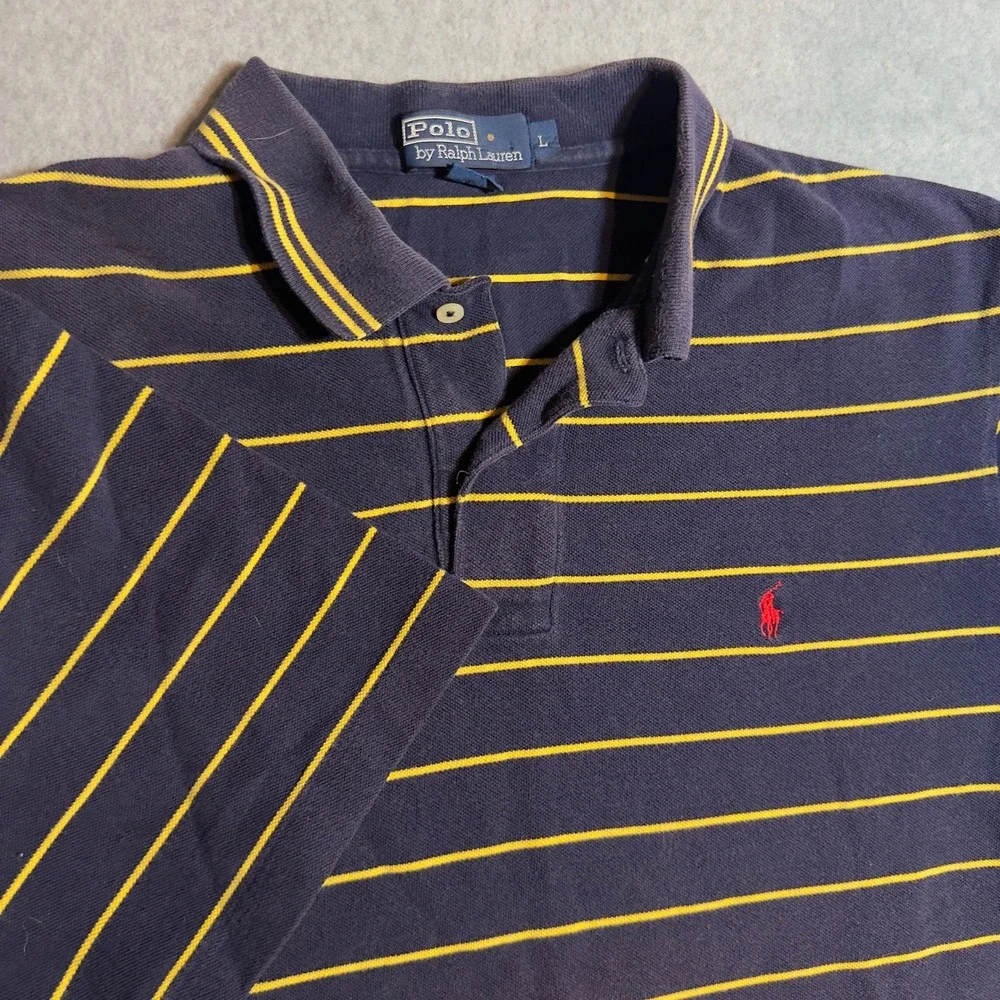 Polo Ralph Lauren Polo Shirt Mens Large Navy Blue Yellow Striped Short Sleeve